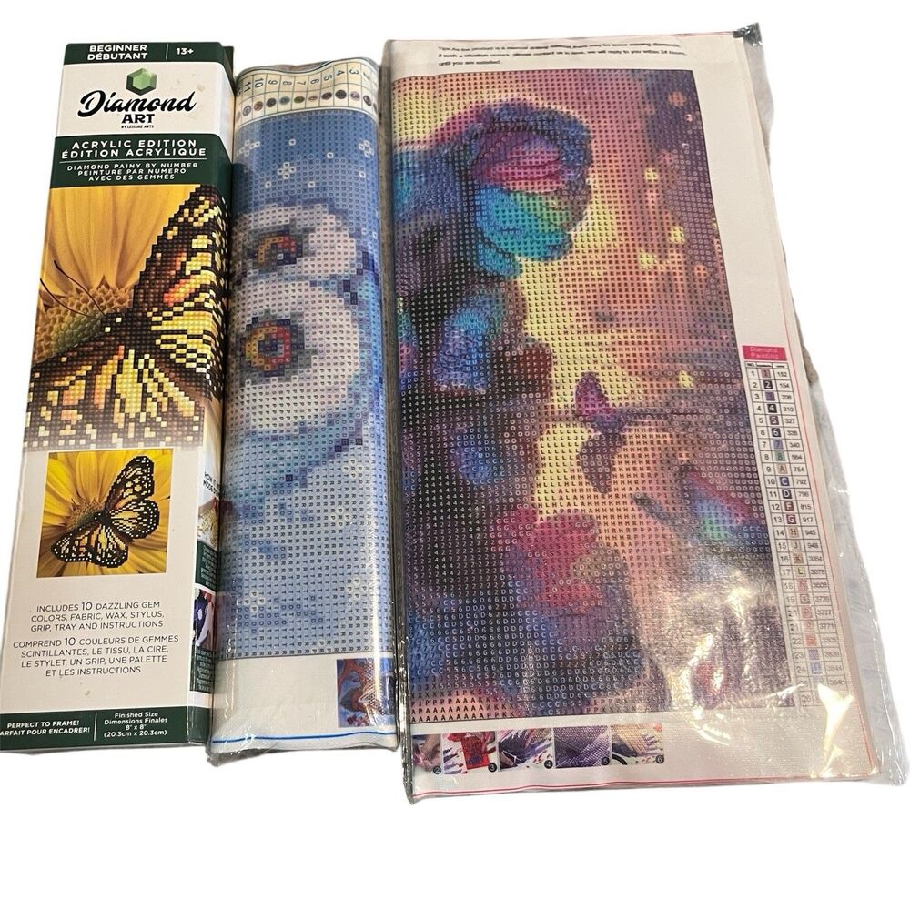 Lot of 3 Diamond Painting Kits Animal & Insects Themed Owl Butterfly Elephant